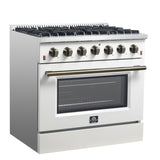 FORNO Galiano 36" 5.36 cu. ft. Gas Range with 6 Sealed Burners in White with Antique Brass Accents, FFSGS6244-36WHT