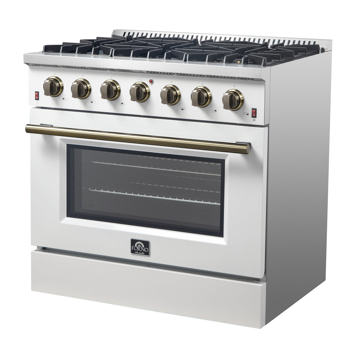 FORNO Galiano 36" 5.36 cu. ft. Gas Range with 6 Sealed Burners in White with Antique Brass Accents, FFSGS6244-36WHT