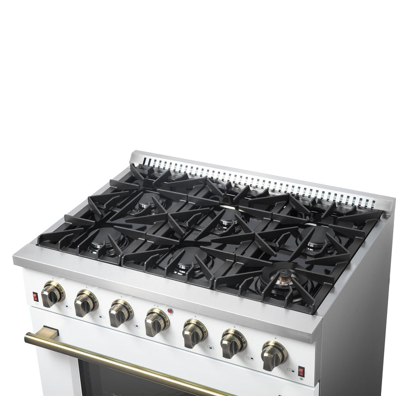 FORNO Galiano 36" 5.36 cu. ft. Gas Range with 6 Sealed Burners in White with Antique Brass Accents, FFSGS6244-36WHT