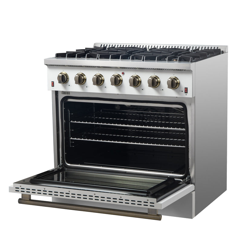 FORNO Galiano 36" 5.36 cu. ft. Gas Range with 6 Sealed Burners in White with Antique Brass Accents, FFSGS6244-36WHT