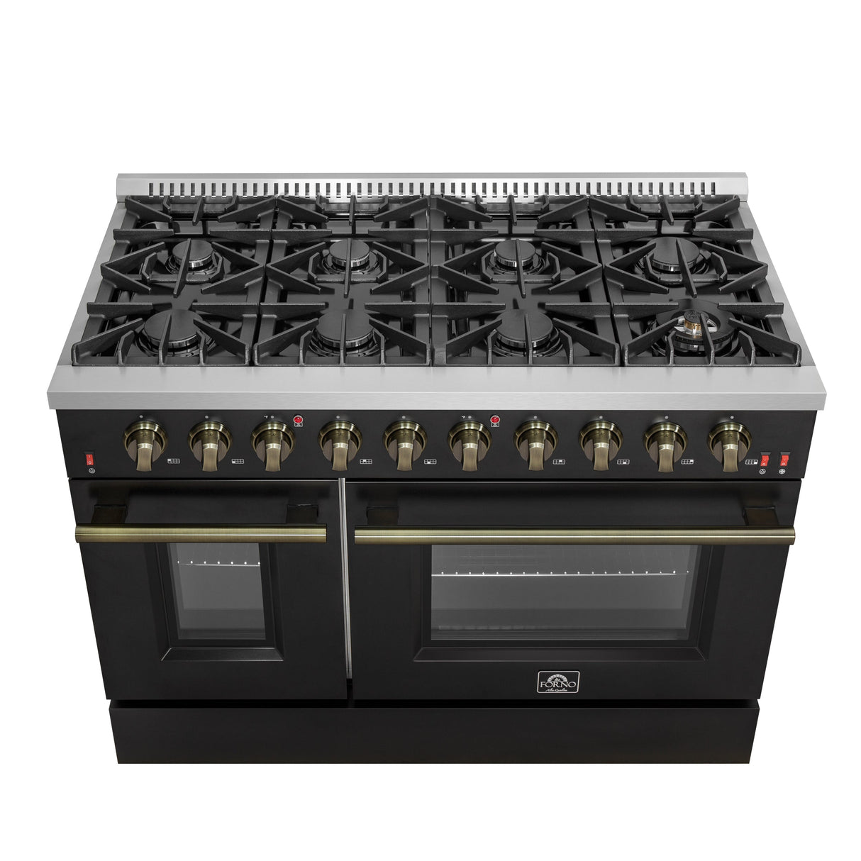 FORNO Galiano 48" 6.58 cu. ft. Gas Range with 8 Sealed Burners and Griddle in Black with Antique Brass Accents, FFSGS6244-48BLK
