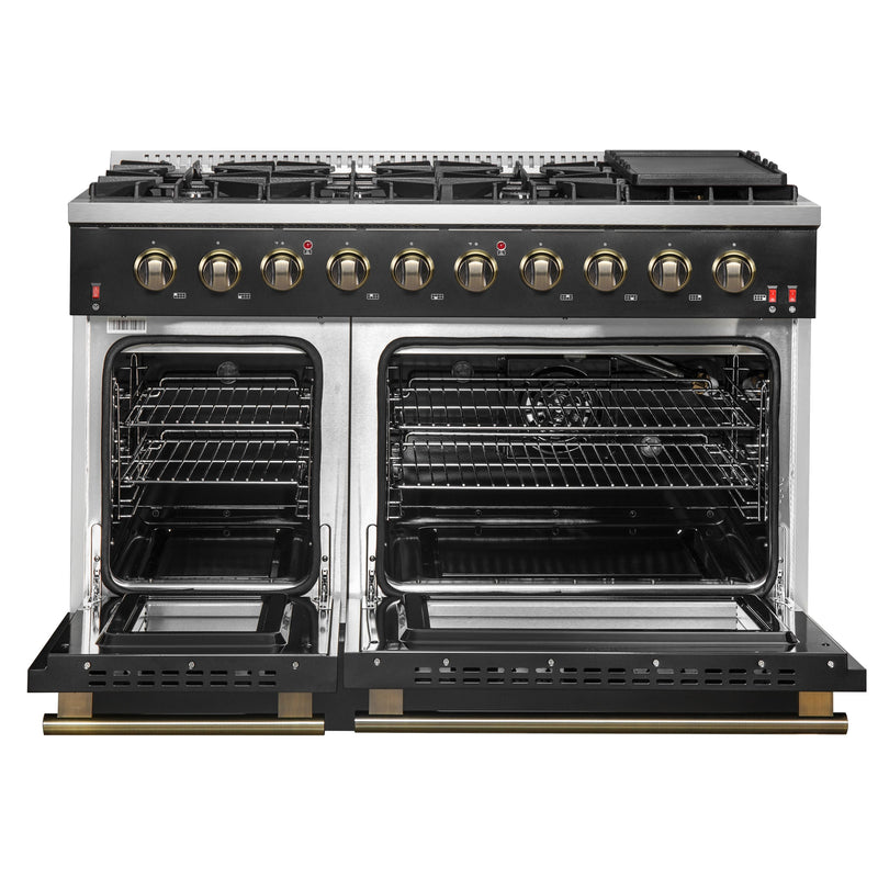 FORNO Galiano 48" 6.58 cu. ft. Gas Range with 8 Sealed Burners and Griddle in Black with Antique Brass Accents, FFSGS6244-48BLK