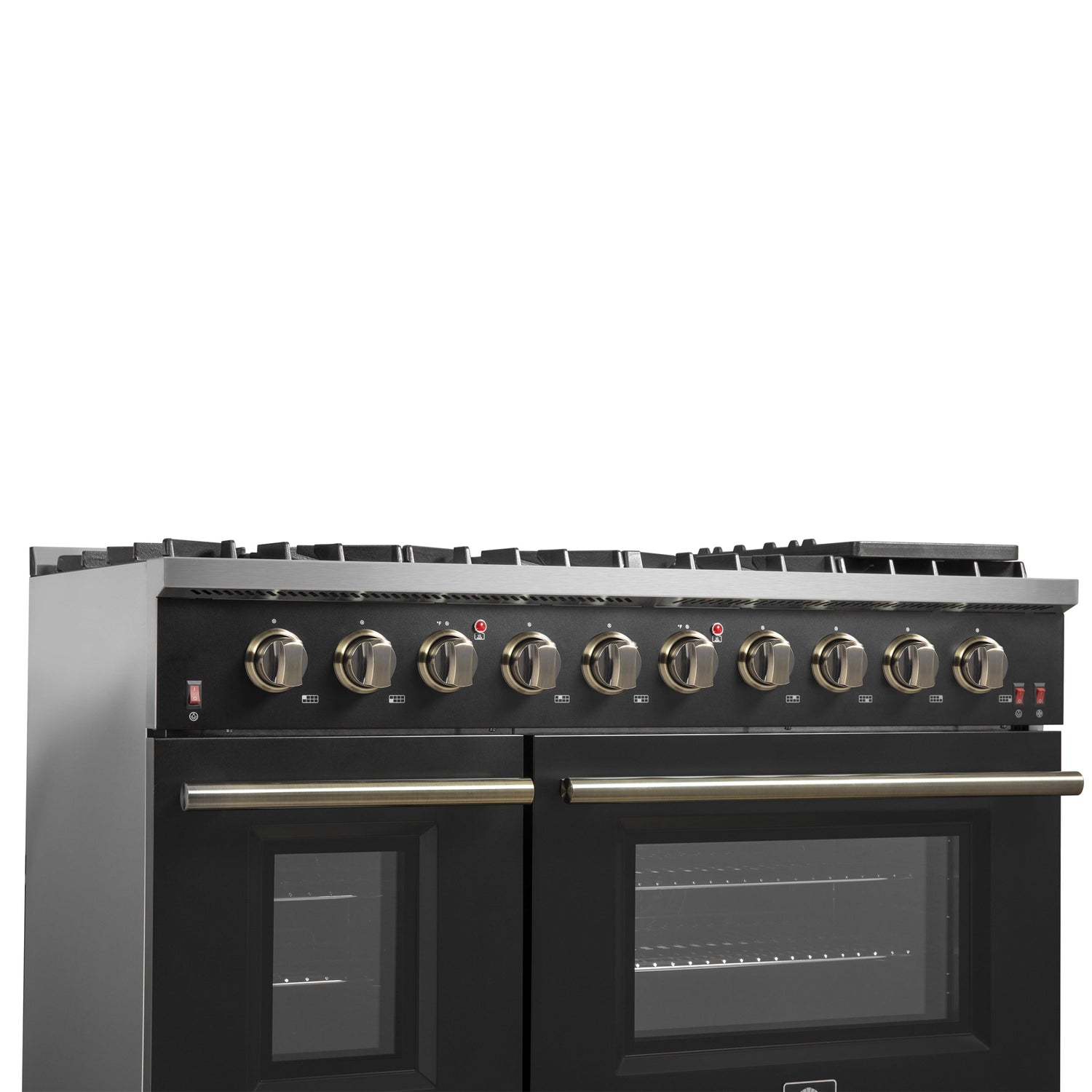 FORNO Galiano 48" 6.58 cu. ft. Gas Range with 8 Sealed Burners and Griddle in Black with Antique Brass Accents, FFSGS6244-48BLK