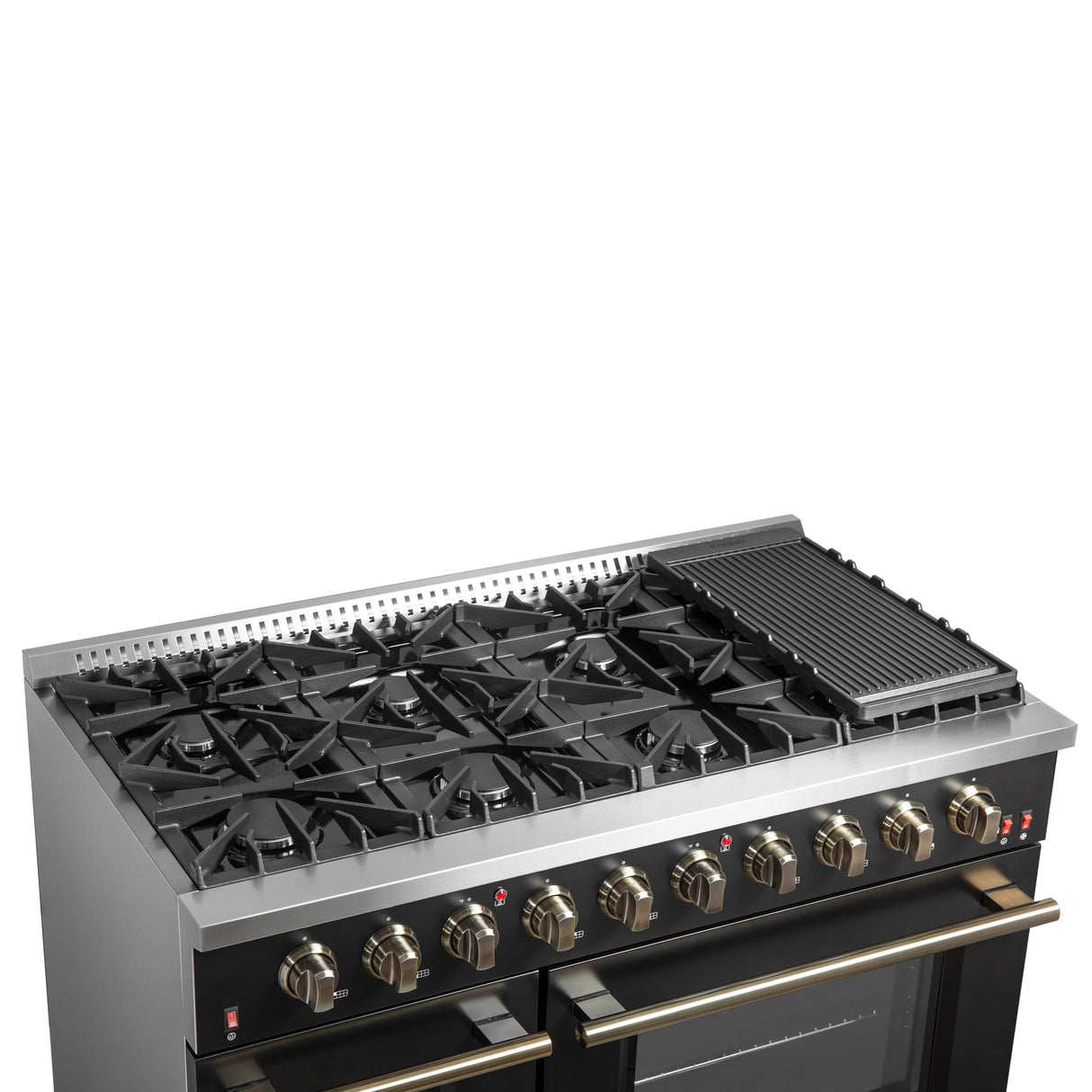 FORNO Galiano 48" 6.58 cu. ft. Gas Range with 8 Sealed Burners and Griddle in Black with Antique Brass Accents, FFSGS6244-48BLK