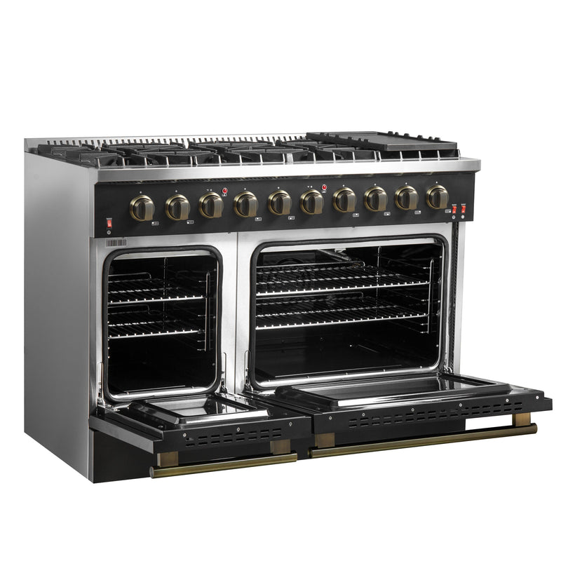 FORNO Galiano 48" 6.58 cu. ft. Gas Range with 8 Sealed Burners and Griddle in Black with Antique Brass Accents, FFSGS6244-48BLK