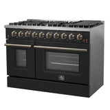 FORNO Galiano 48" 6.58 cu. ft. Gas Range with 8 Sealed Burners and Griddle in Black with Antique Brass Accents, FFSGS6244-48BLK