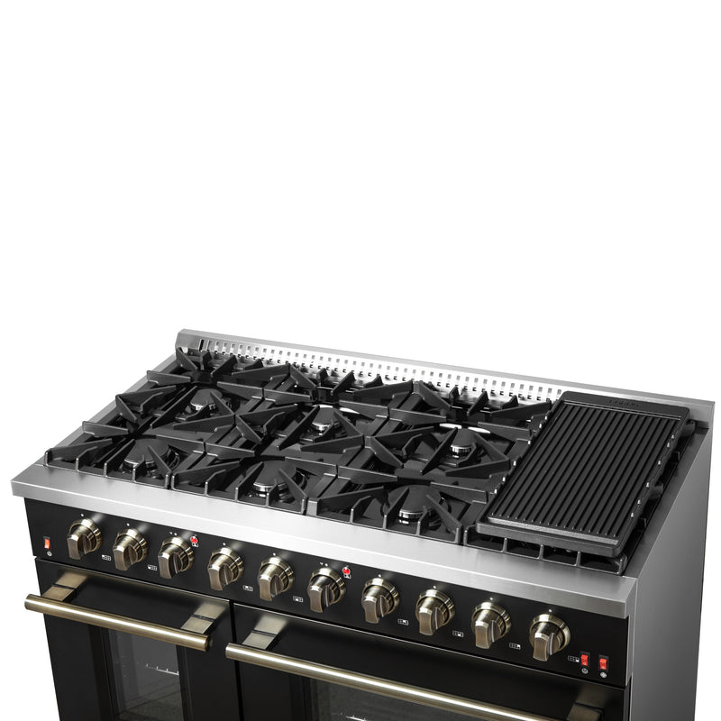 FORNO Galiano 48" 6.58 cu. ft. Gas Range with 8 Sealed Burners and Griddle in Black with Antique Brass Accents, FFSGS6244-48BLK
