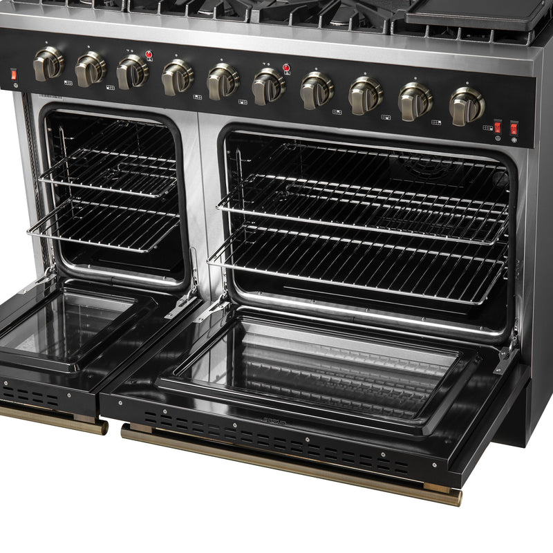 FORNO Galiano 48" 6.58 cu. ft. Gas Range with 8 Sealed Burners and Griddle in Black with Antique Brass Accents, FFSGS6244-48BLK