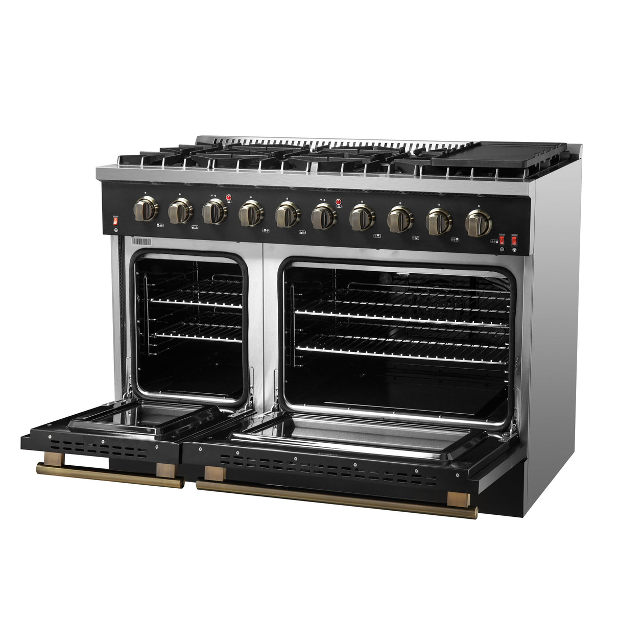 FORNO Galiano 48" 6.58 cu. ft. Gas Range with 8 Sealed Burners and Griddle in Black with Antique Brass Accents, FFSGS6244-48BLK