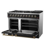 FORNO Galiano 48" 6.58 cu. ft. Gas Range with 8 Sealed Burners and Griddle in Black with Antique Brass Accents, FFSGS6244-48BLK