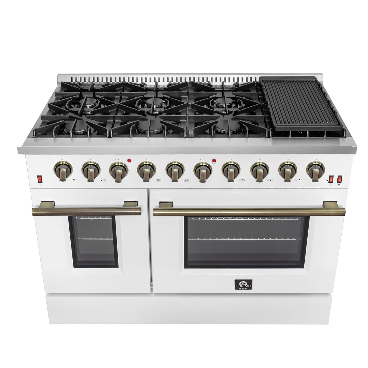 FORNO Galiano 48" 6.58 cu. ft. Gas Range with 8 Sealed Burners and Griddle in White with Antique Brass Accents, FFSGS6244-48WHT
