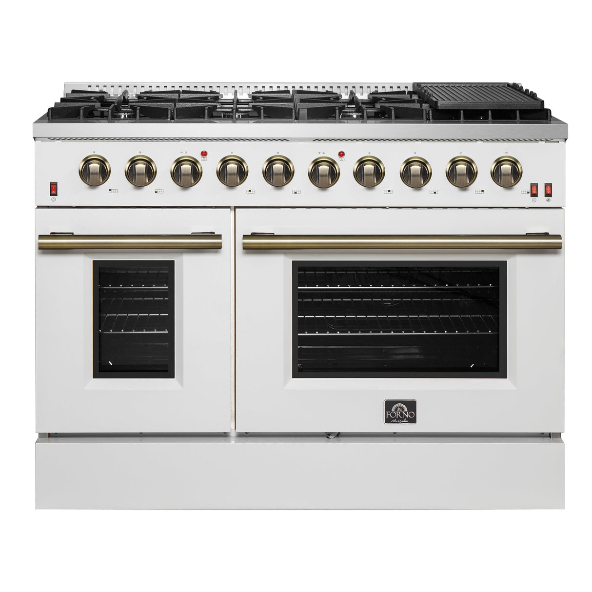 FORNO Galiano 48" 6.58 cu. ft. Gas Range with 8 Sealed Burners and Griddle in White with Antique Brass Accents, FFSGS6244-48WHT
