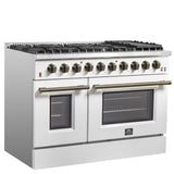 FORNO Galiano 48" 6.58 cu. ft. Gas Range with 8 Sealed Burners and Griddle in White with Antique Brass Accents, FFSGS6244-48WHT
