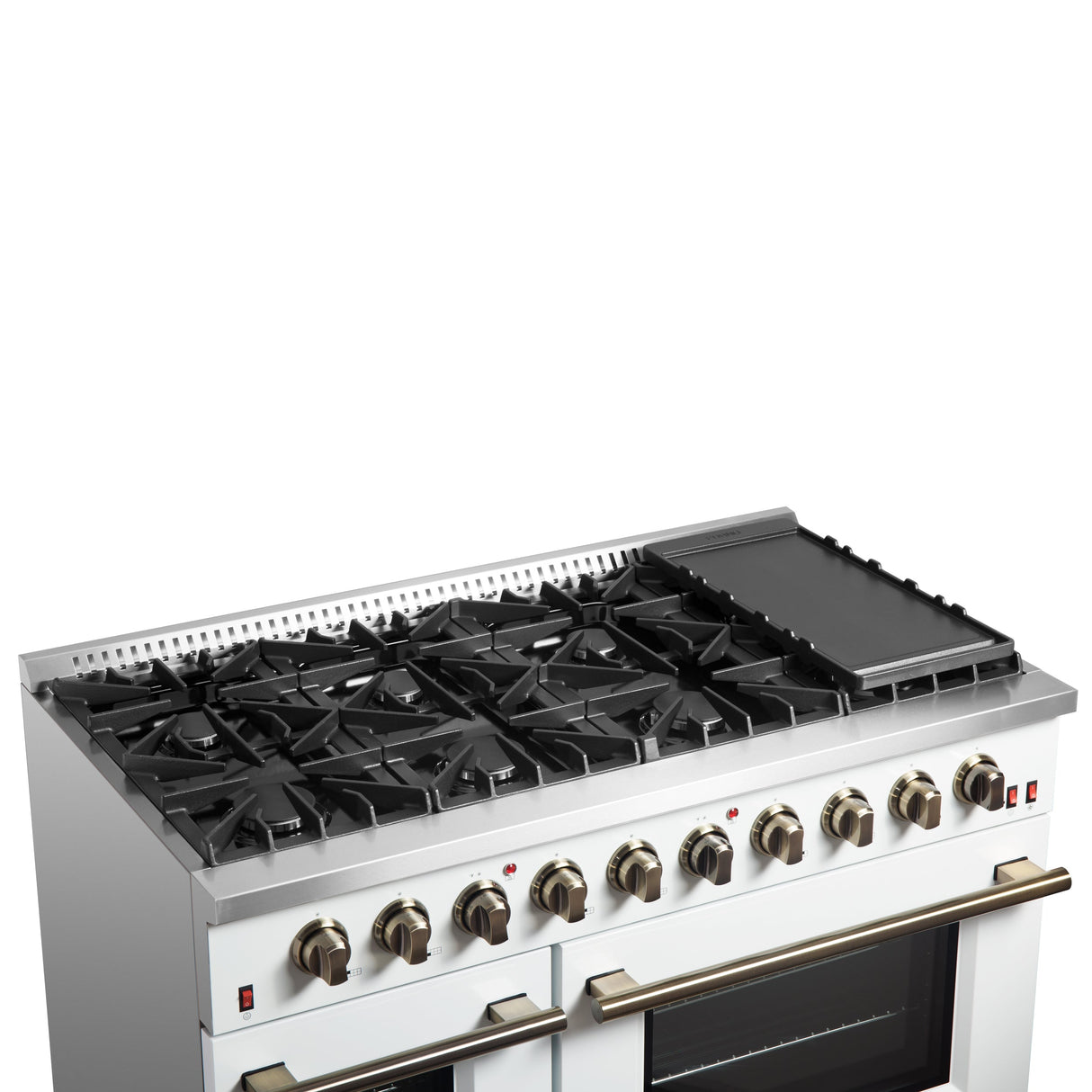 FORNO Galiano 48" 6.58 cu. ft. Gas Range with 8 Sealed Burners and Griddle in White with Antique Brass Accents, FFSGS6244-48WHT