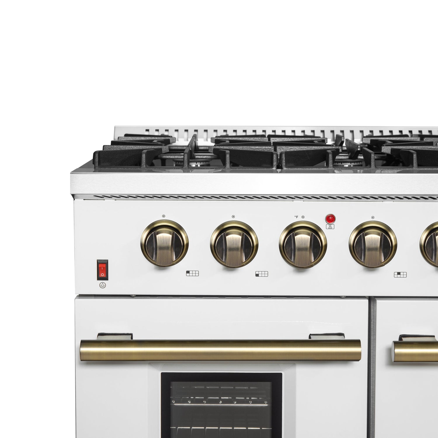 FORNO Galiano 48" 6.58 cu. ft. Gas Range with 8 Sealed Burners and Griddle in White with Antique Brass Accents, FFSGS6244-48WHT