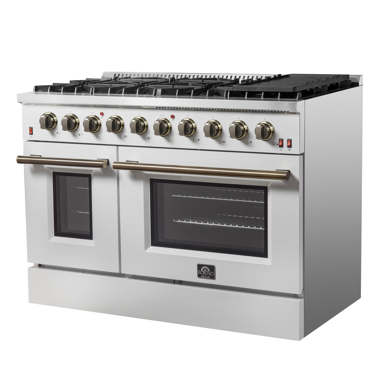 FORNO Galiano 48" 6.58 cu. ft. Gas Range with 8 Sealed Burners and Griddle in White with Antique Brass Accents, FFSGS6244-48WHT