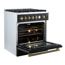 FORNO Giovanni 30" 4.32 cu. ft. Gas Range with 5 Burners, Air Fry Basket, Wok Support and Griddle in Black with Antique Brass Accents, FFSGS6274-30BLK