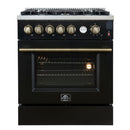 FORNO Giovanni 30" 4.32 cu. ft. Gas Range with 5 Burners, Air Fry Basket, Wok Support and Griddle in Black with Antique Brass Accents, FFSGS6274-30BLK