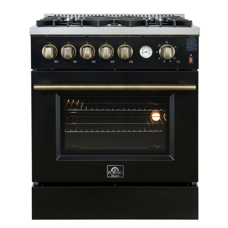 FORNO Giovanni 30" 4.32 cu. ft. Gas Range with 5 Burners, Air Fry Basket, Wok Support and Griddle in Black with Antique Brass Accents, FFSGS6274-30BLK