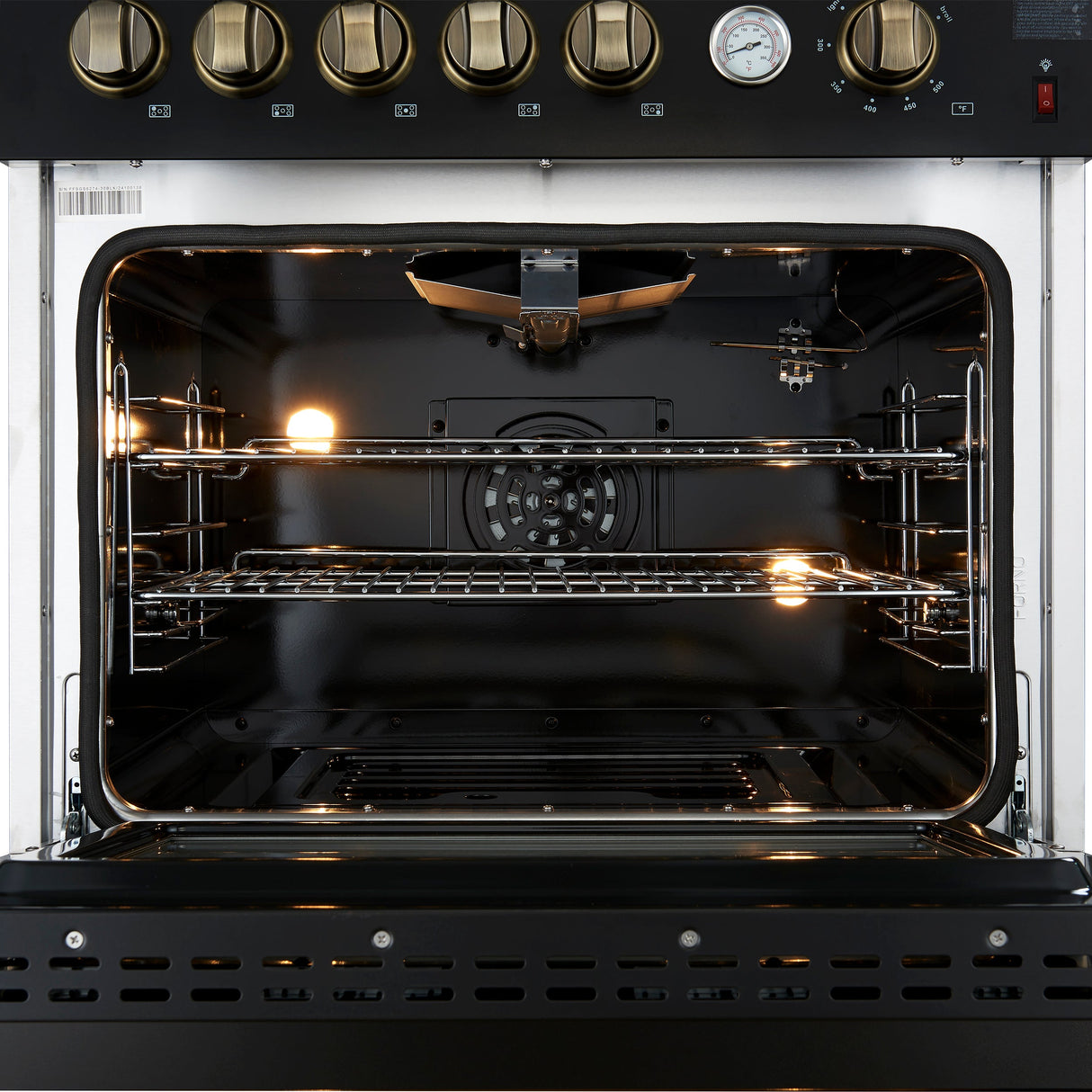 FORNO Giovanni 30" 4.32 cu. ft. Gas Range with 5 Burners, Air Fry Basket, Wok Support and Griddle in Black with Antique Brass Accents, FFSGS6274-30BLK