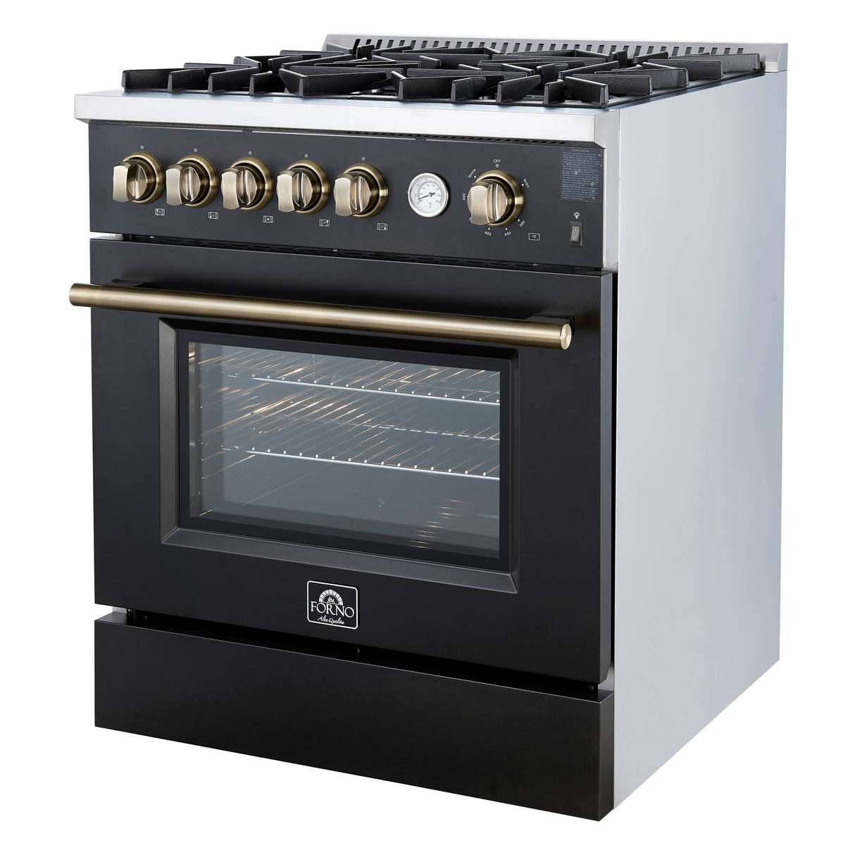 FORNO Giovanni 30" 4.32 cu. ft. Gas Range with 5 Burners, Air Fry Basket, Wok Support and Griddle in Black with Antique Brass Accents, FFSGS6274-30BLK