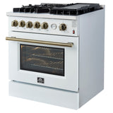FORNO Giovanni 30" 4.32 cu. ft. Gas Range with 5 Burners, Air Fry Basket, Wok Support and Griddle in White with Antique Brass Accents, FFSGS6274-30WHT