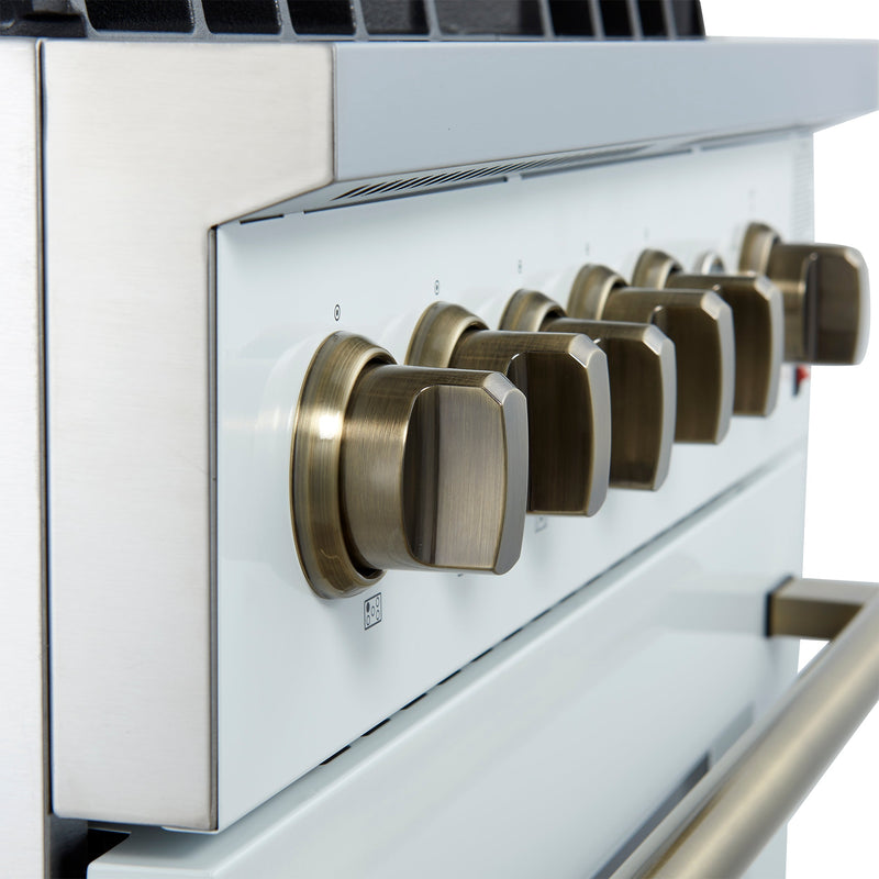 FORNO Giovanni 30" 4.32 cu. ft. Gas Range with 5 Burners, Air Fry Basket, Wok Support and Griddle in White with Antique Brass Accents, FFSGS6274-30WHT