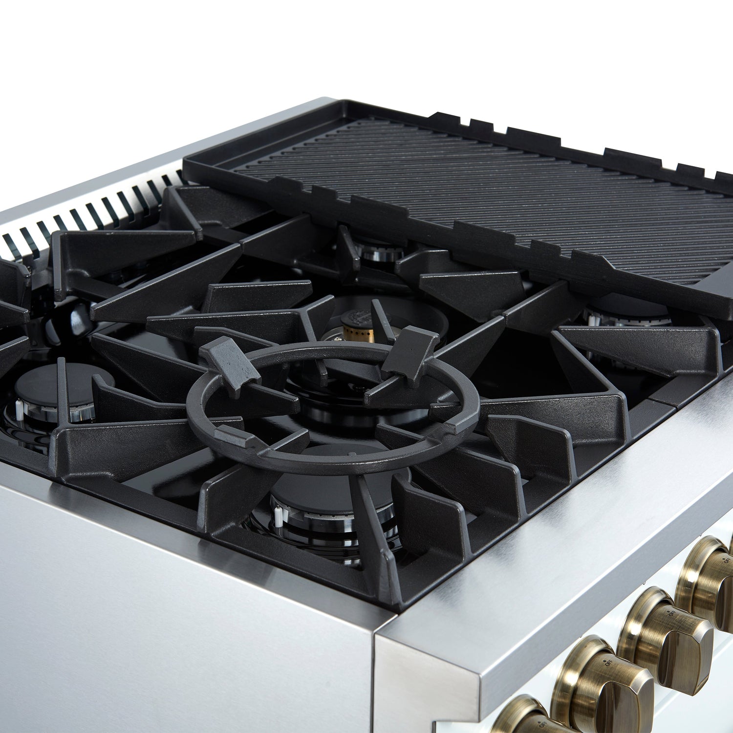 FORNO Giovanni 30" 4.32 cu. ft. Gas Range with 5 Burners, Air Fry Basket, Wok Support and Griddle in White with Antique Brass Accents, FFSGS6274-30WHT