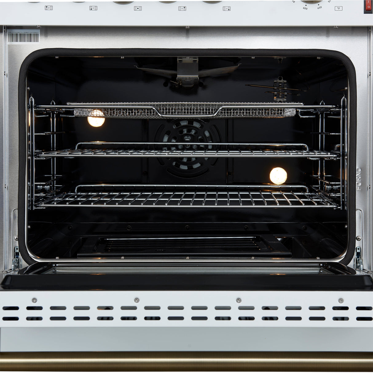 FORNO Giovanni 30" 4.32 cu. ft. Gas Range with 5 Burners, Air Fry Basket, Wok Support and Griddle in White with Antique Brass Accents, FFSGS6274-30WHT