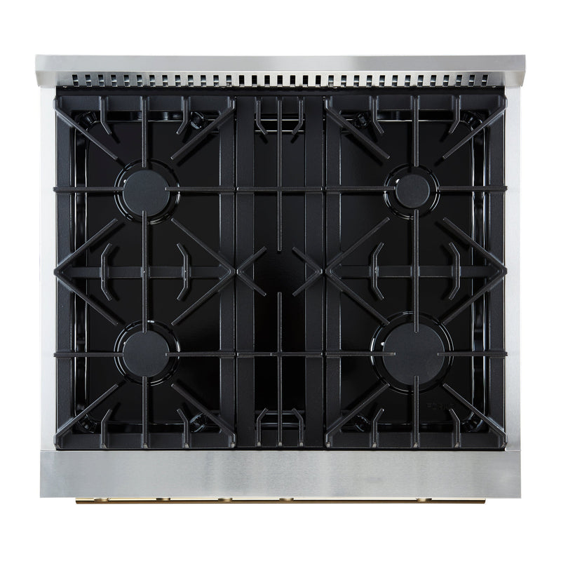 FORNO Marco 30" 4.32 cu.ft. Gas Range with 4 Burners and Temperature Gauge in Black with Antique Brass Accents, FFSGS6277-30BLK