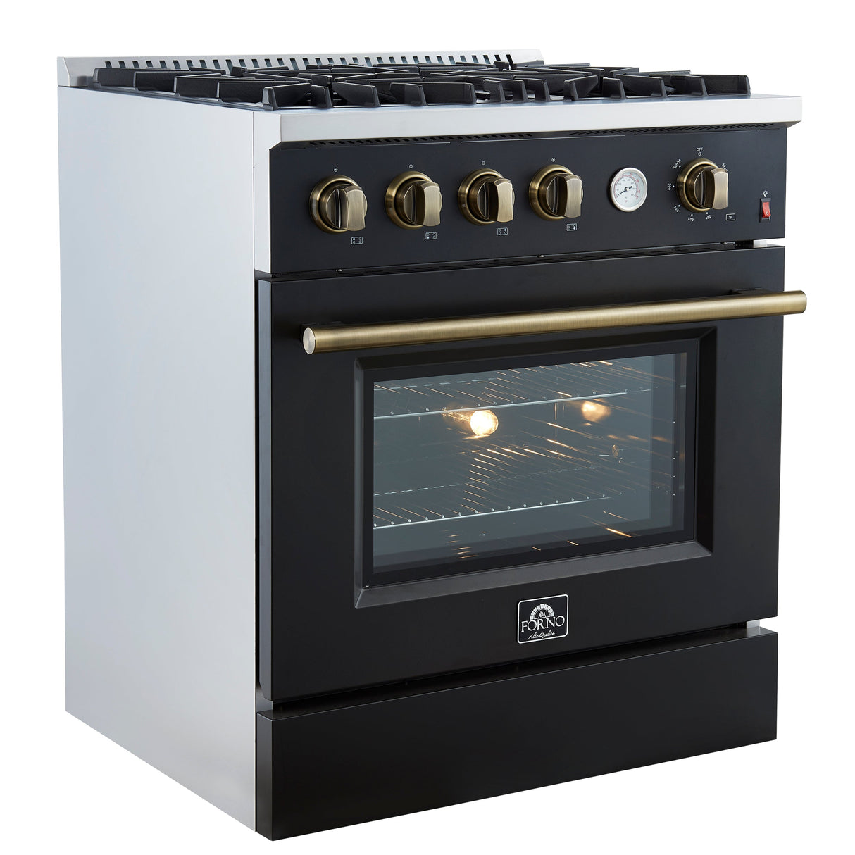 FORNO Marco 30" 4.32 cu.ft. Gas Range with 4 Burners and Temperature Gauge in Black with Antique Brass Accents, FFSGS6277-30BLK