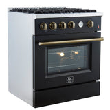 FORNO Marco 30" 4.32 cu.ft. Gas Range with 4 Burners and Temperature Gauge in Black with Antique Brass Accents, FFSGS6277-30BLK