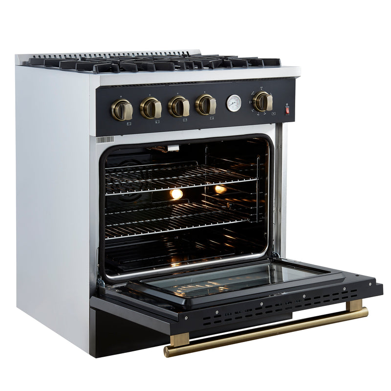 FORNO Marco 30" 4.32 cu.ft. Gas Range with 4 Burners and Temperature Gauge in Black with Antique Brass Accents, FFSGS6277-30BLK