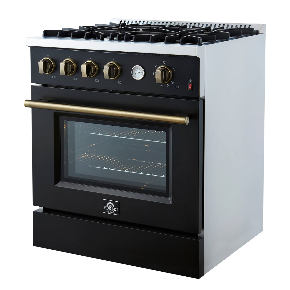 FORNO Marco 30" 4.32 cu.ft. Gas Range with 4 Burners and Temperature Gauge in Black with Antique Brass Accents, FFSGS6277-30BLK