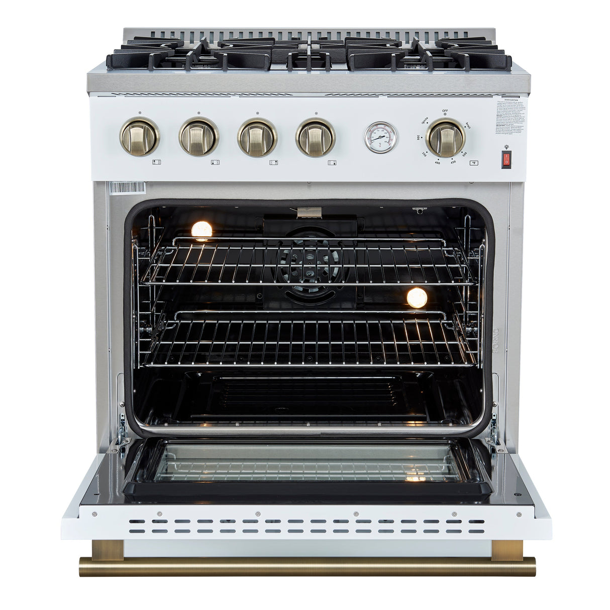 FORNO Marco 30" 4.32 cu.ft. Gas Range with 4 Burners and Temperature Gauge in White with Antique Brass Accents, FFSGS6277-30WHT