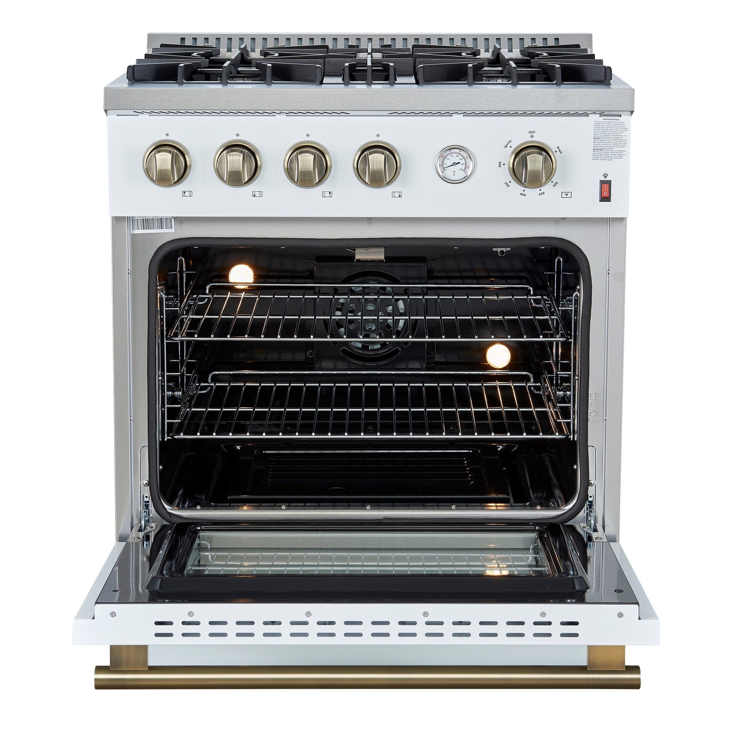 FORNO Marco 30" 4.32 cu.ft. Gas Range with 4 Burners and Temperature Gauge in White with Antique Brass Accents, FFSGS6277-30WHT