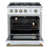 FORNO Marco 30" 4.32 cu.ft. Gas Range with 4 Burners and Temperature Gauge in White with Antique Brass Accents, FFSGS6277-30WHT