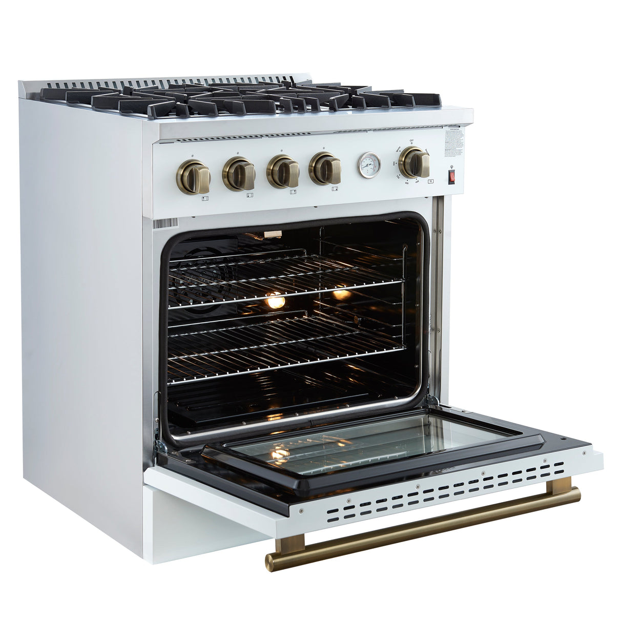 FORNO Marco 30" 4.32 cu.ft. Gas Range with 4 Burners and Temperature Gauge in White with Antique Brass Accents, FFSGS6277-30WHT