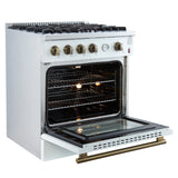FORNO Marco 30" 4.32 cu.ft. Gas Range with 4 Burners and Temperature Gauge in White with Antique Brass Accents, FFSGS6277-30WHT