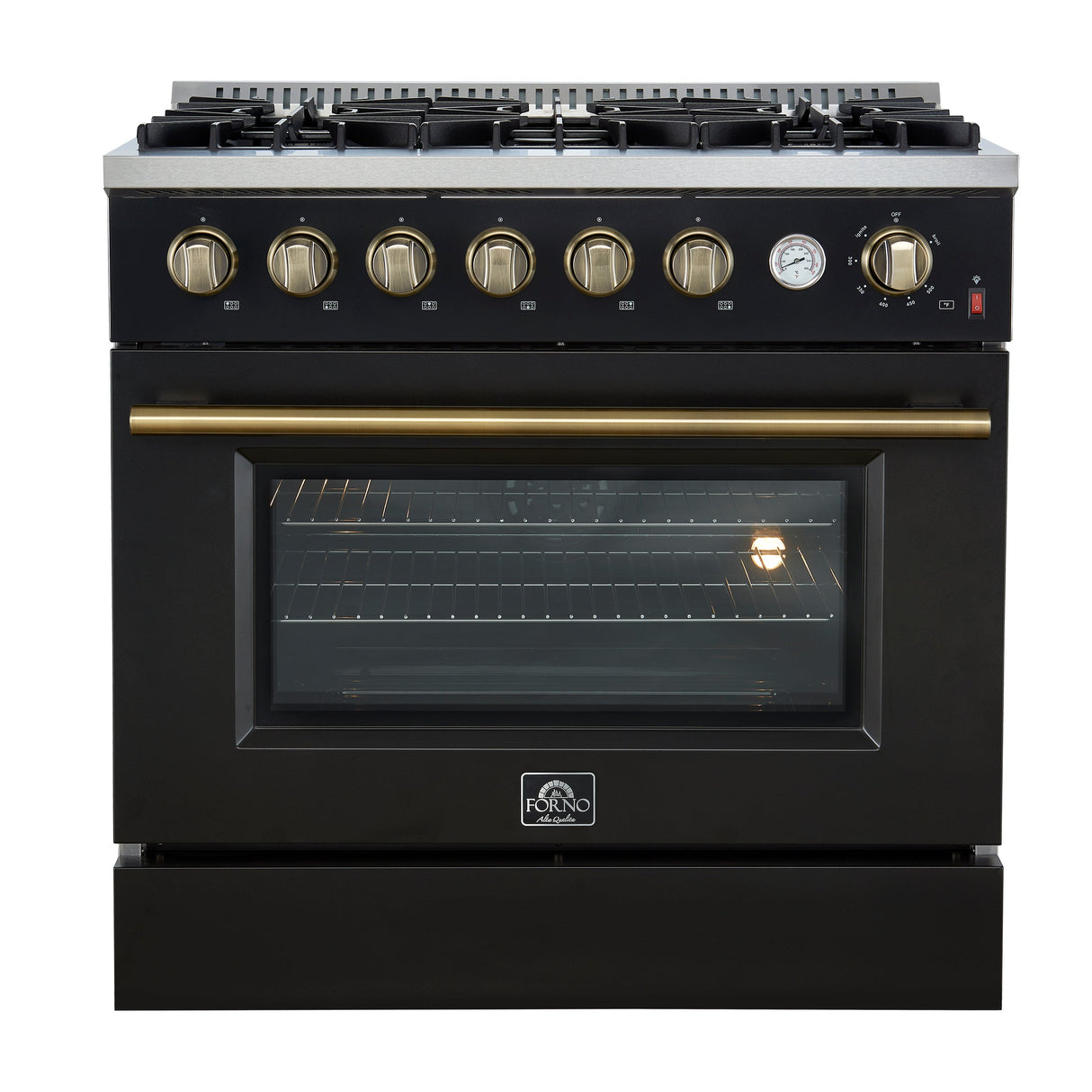 FORNO Marco 36" 5.36 cu.ft. Gas Range with 6 Burners and Temperature Gauge in Black with Antique Brass Accents, FFSGS6277-36BLK
