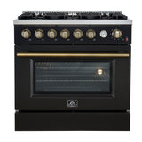 FORNO Marco 36" 5.36 cu.ft. Gas Range with 6 Burners and Temperature Gauge in Black with Antique Brass Accents, FFSGS6277-36BLK