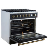 FORNO Marco 36" 5.36 cu.ft. Gas Range with 6 Burners and Temperature Gauge in Black with Antique Brass Accents, FFSGS6277-36BLK