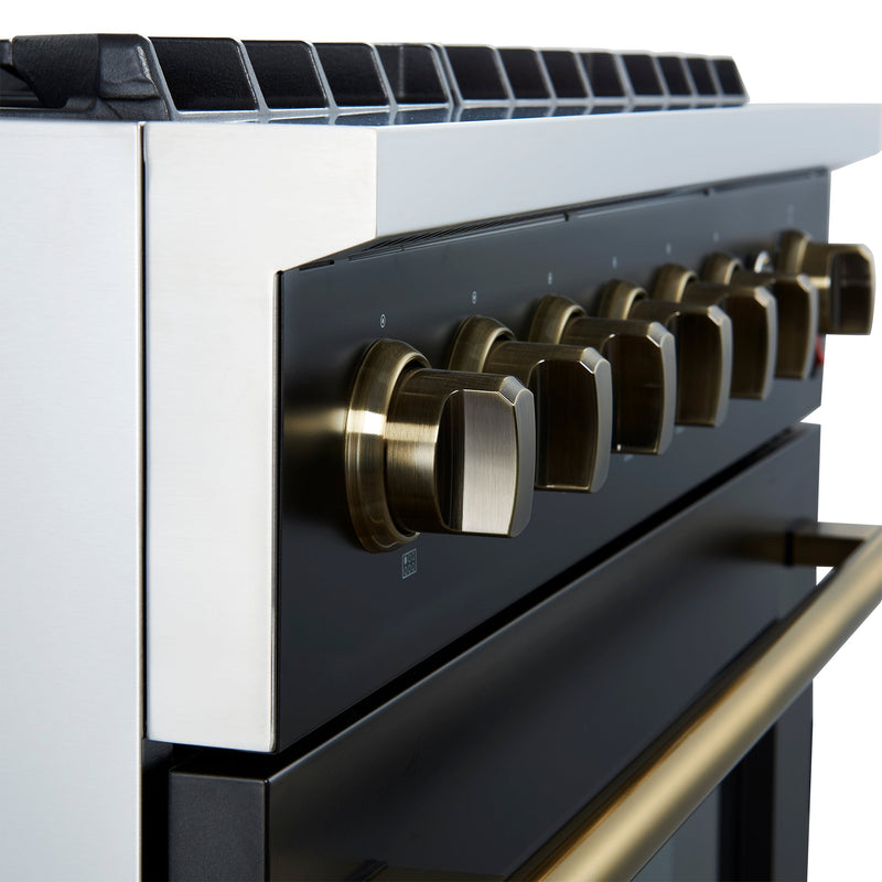 FORNO Marco 36" 5.36 cu.ft. Gas Range with 6 Burners and Temperature Gauge in Black with Antique Brass Accents, FFSGS6277-36BLK