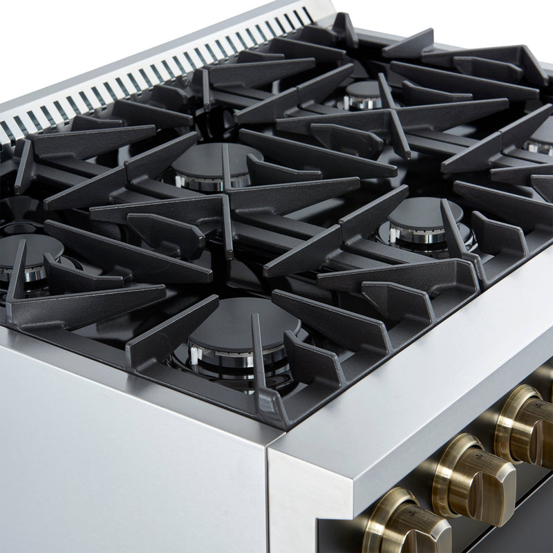FORNO Marco 36" 5.36 cu.ft. Gas Range with 6 Burners and Temperature Gauge in Black with Antique Brass Accents, FFSGS6277-36BLK