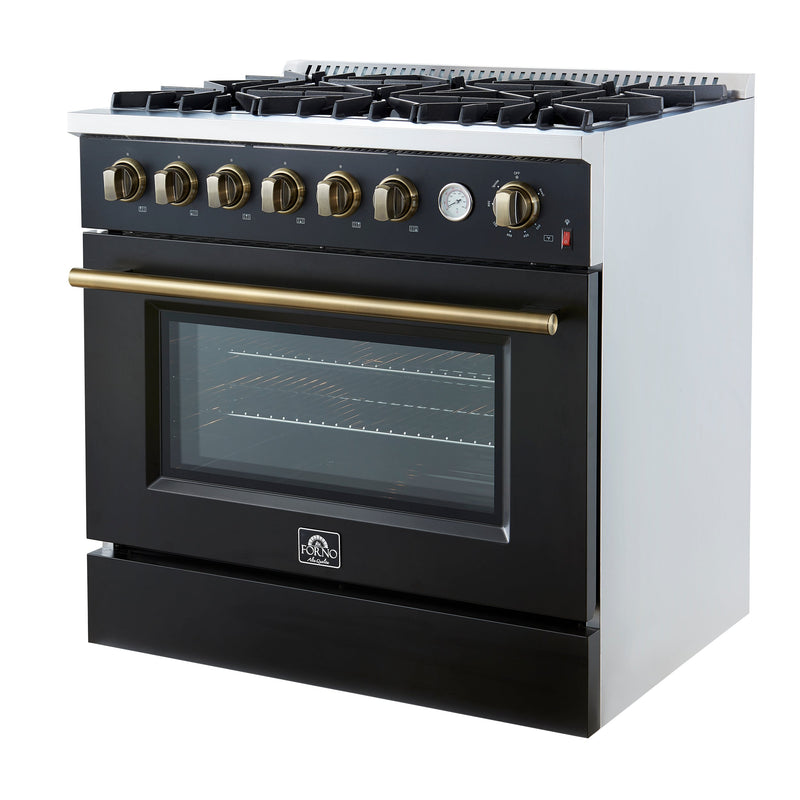 FORNO Marco 36" 5.36 cu.ft. Gas Range with 6 Burners and Temperature Gauge in Black with Antique Brass Accents, FFSGS6277-36BLK