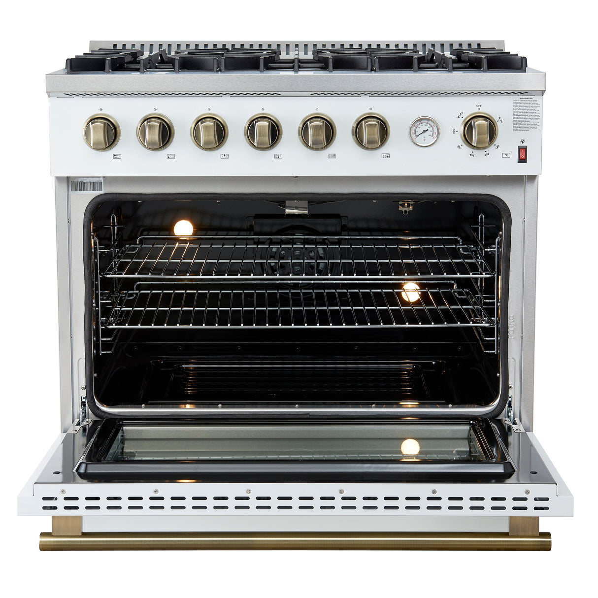 FORNO Marco 36" 5.36 cu.ft. Gas Range with 6 Burners and Temperature Gauge in White with Antique Brass Accents, FFSGS6277-36WHT
