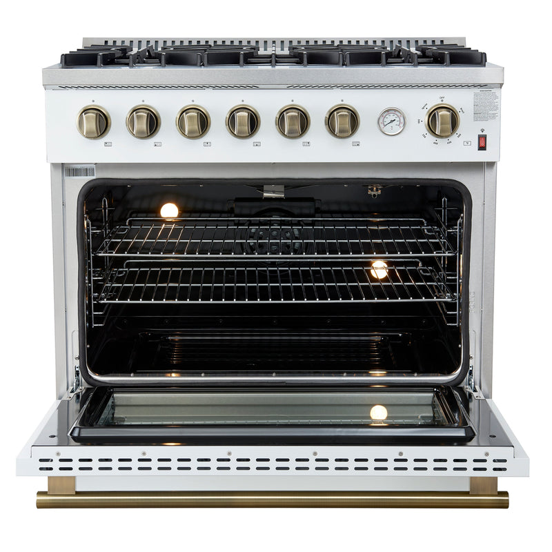 FORNO Marco 36" 5.36 cu.ft. Gas Range with 6 Burners and Temperature Gauge in White with Antique Brass Accents, FFSGS6277-36WHT