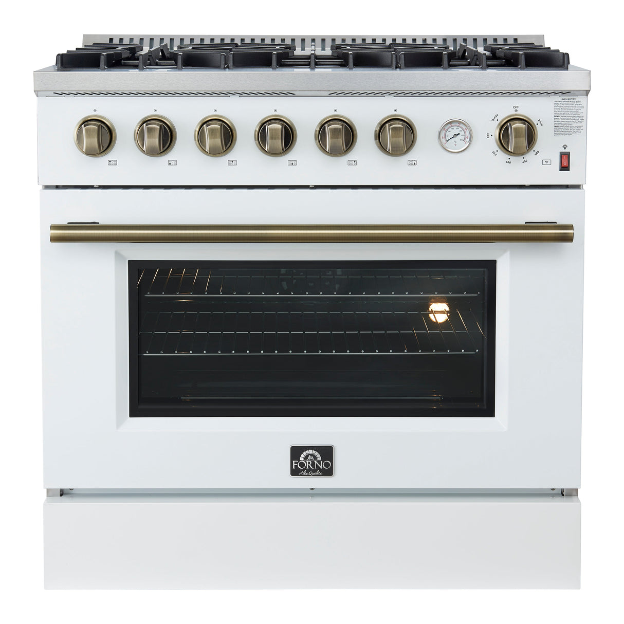 FORNO Marco 36" 5.36 cu.ft. Gas Range with 6 Burners and Temperature Gauge in White with Antique Brass Accents, FFSGS6277-36WHT