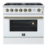 FORNO Marco 36" 5.36 cu.ft. Gas Range with 6 Burners and Temperature Gauge in White with Antique Brass Accents, FFSGS6277-36WHT