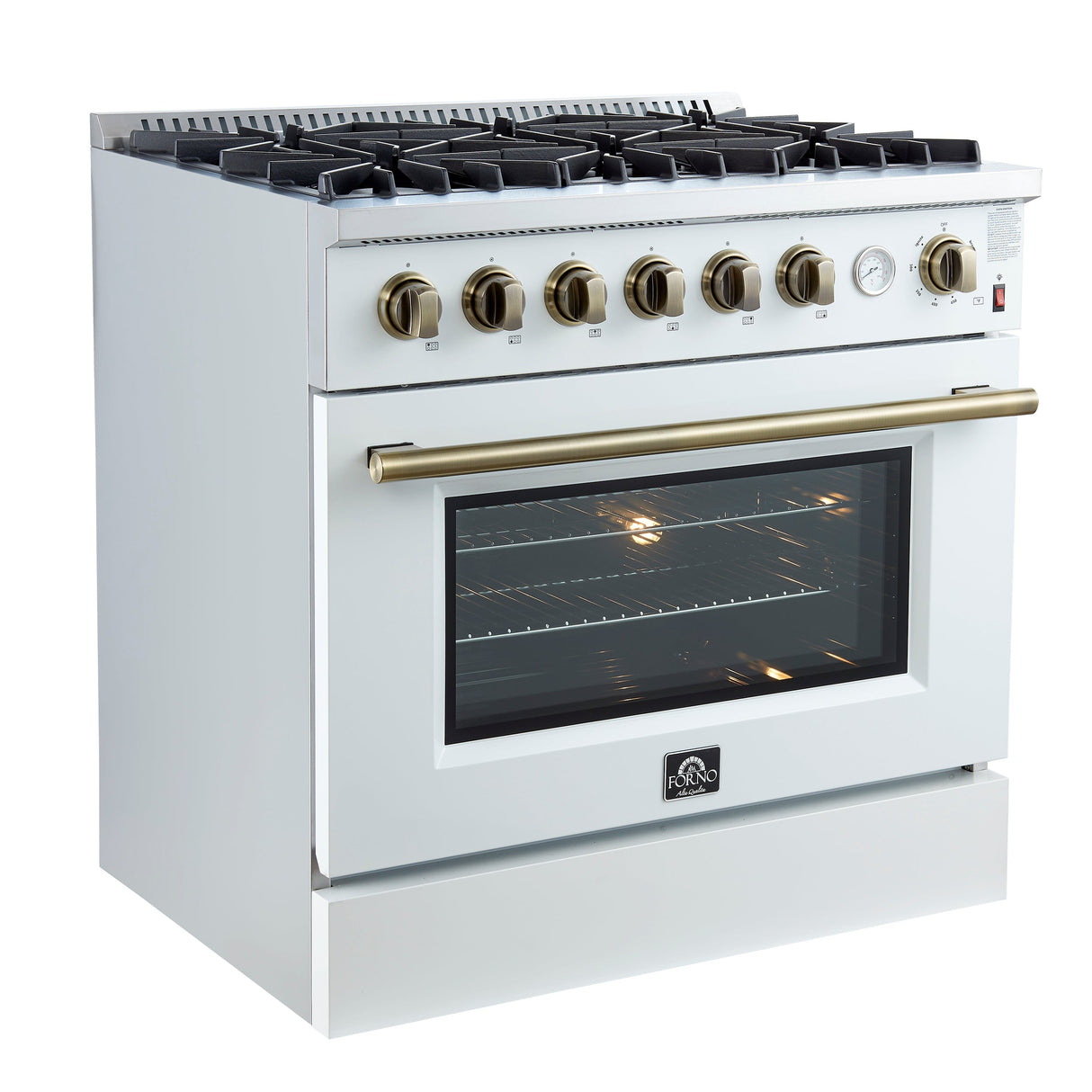 FORNO Marco 36" 5.36 cu.ft. Gas Range with 6 Burners and Temperature Gauge in White with Antique Brass Accents, FFSGS6277-36WHT